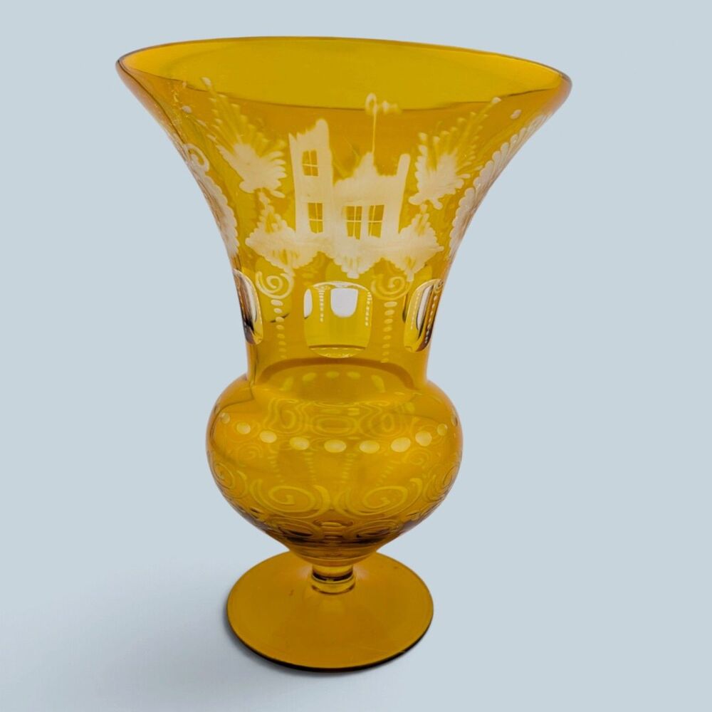 Vintage Amber Bohemian Style Cut Engraved Glass Vase Birds Houses 6.5"